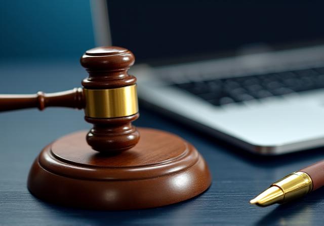 Mazo de juez sobre un teclado de computadora simbolizando justicia digital